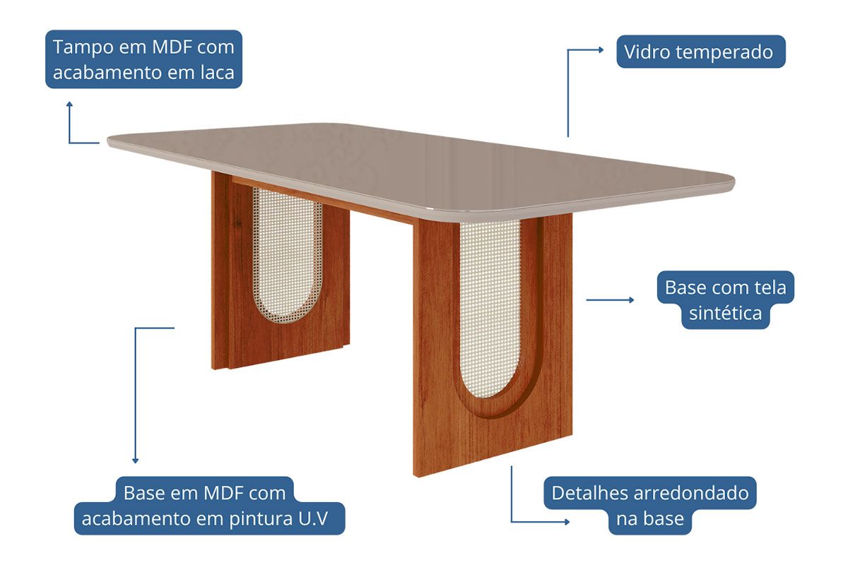 Mesa Jantar Valentina c/Tampo Madeirado c/Vidro Reto 210x100cm Cimol