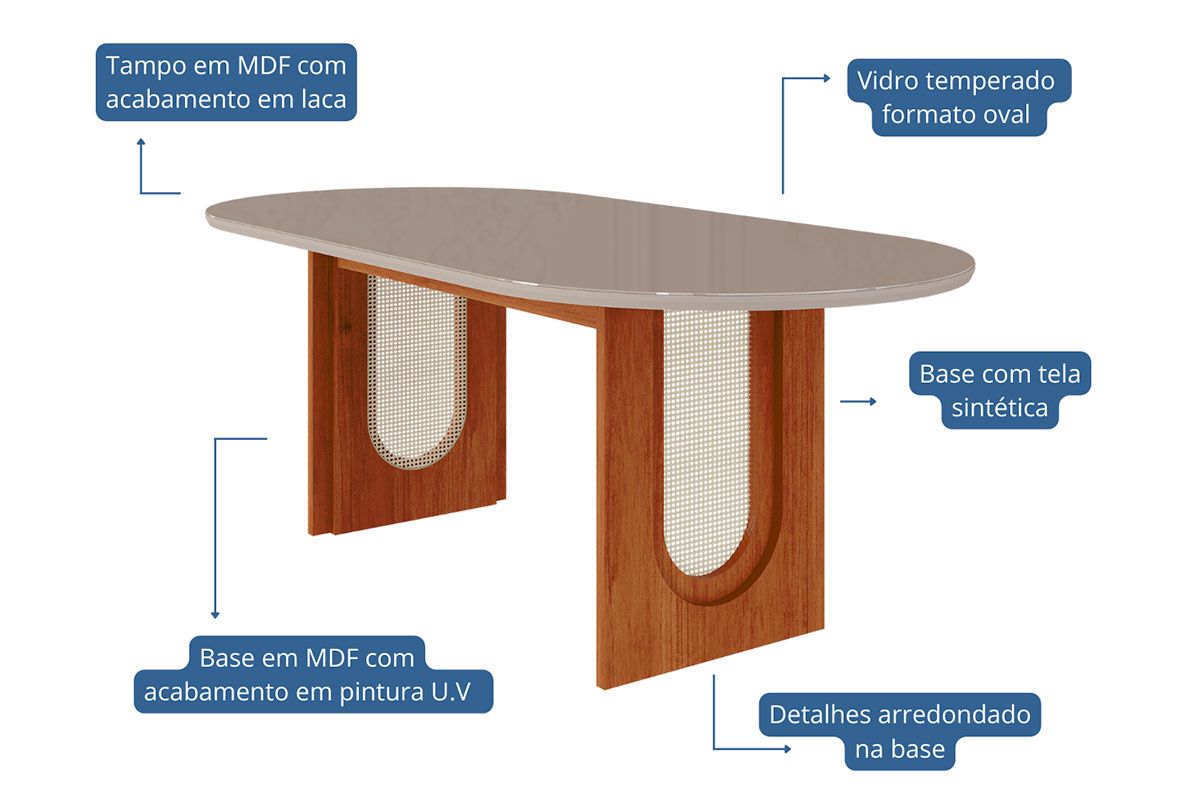 Mesa Jantar Valentina c/Tampo Madeirado Oval c/Vidro 210x100cm Cimol