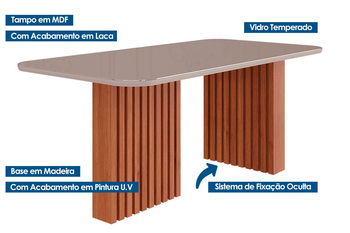 Mesa Jantar Ester c/Tampo MDF/Vidro 180cm Cimol Mesa Jantar Ester c/Tampo MDF/Vidro 180cm Cimol