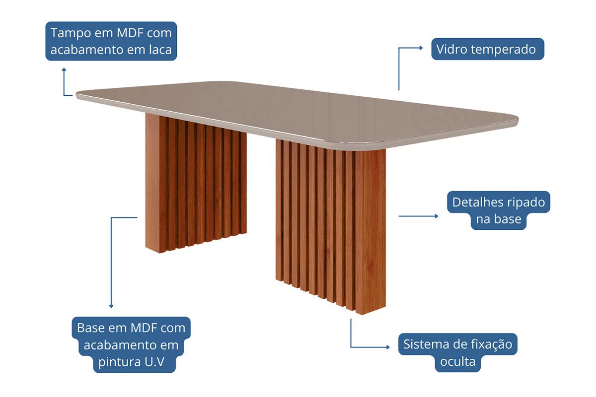 Mesa Jantar Ester c/Tampo Madeirado c/Vidro Reto 210x100cm Cimol Mesa Jantar Ester c/Tampo Madeirado c/Vidro Reto 210x100cm Cimol