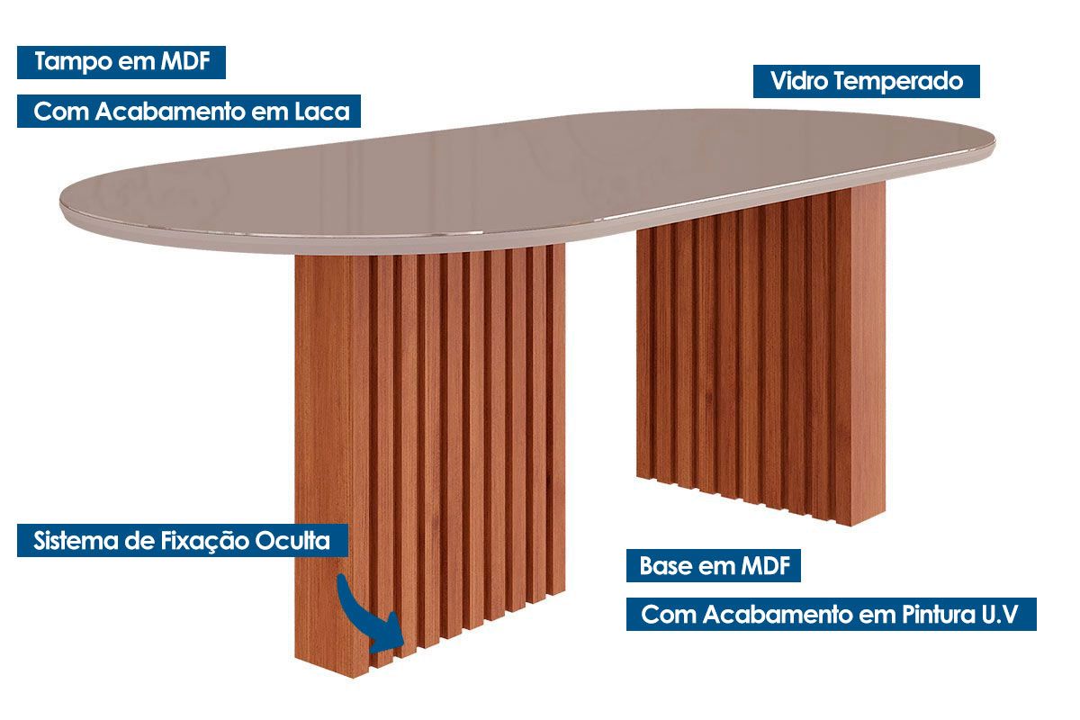Mesa Jantar Ester c/Tampo Madeirado c/Vidro Oval 210cm Cimol Mesa Jantar Ester c/Tampo Madeirado c/Vidro Oval 210cm Cimol