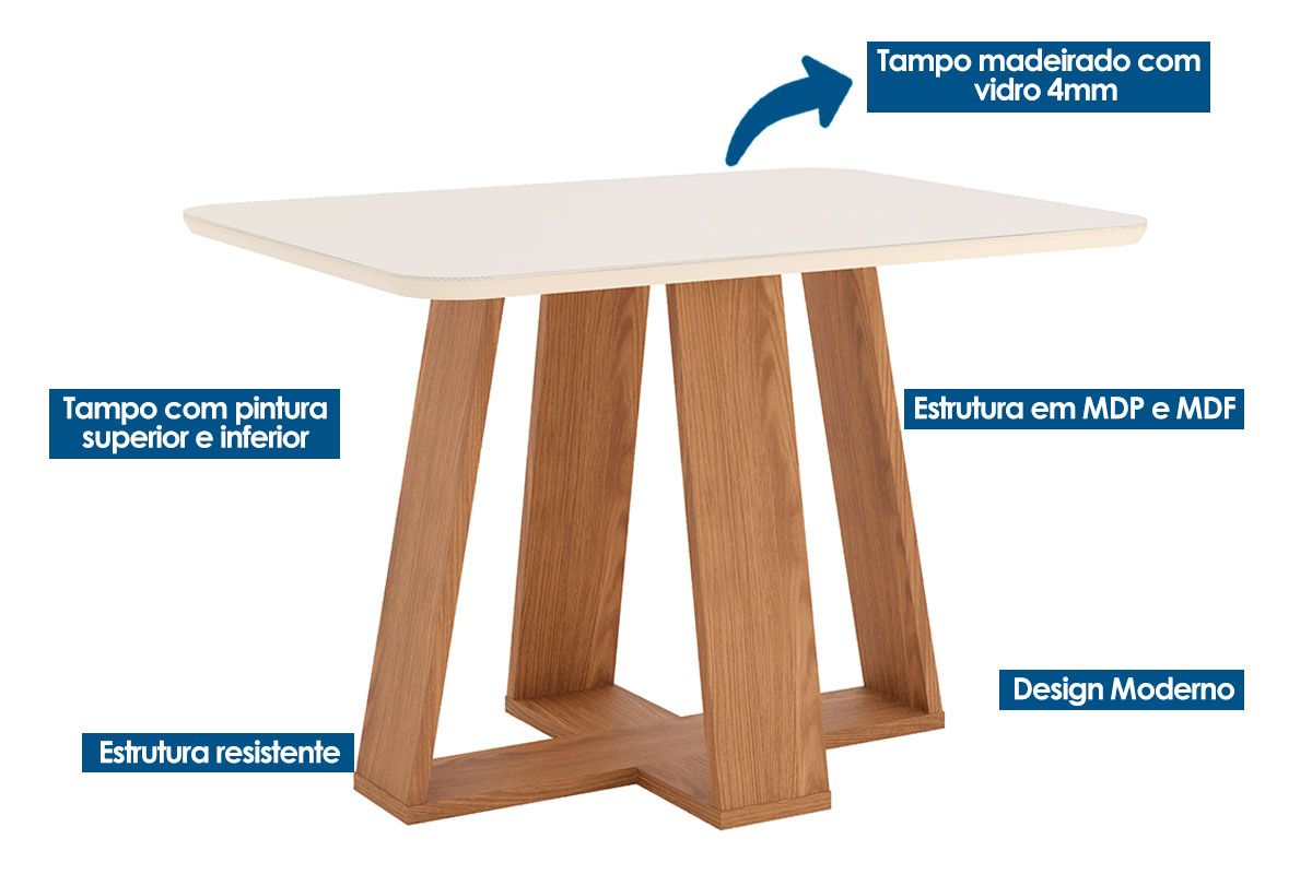 Sala de Jantar Completa Lins c/ Tampo Madeirado c/ Vidro Curvo 120x80cm e 4 Cadeiras Milla Plus - Henn