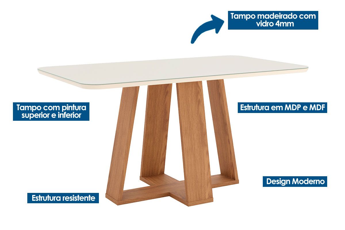 Sala de Jantar Completa Lins c/ Tampo Madeirado c/ Vidro Curvo 160x90cm e 6 Cadeiras Malu - Henn
