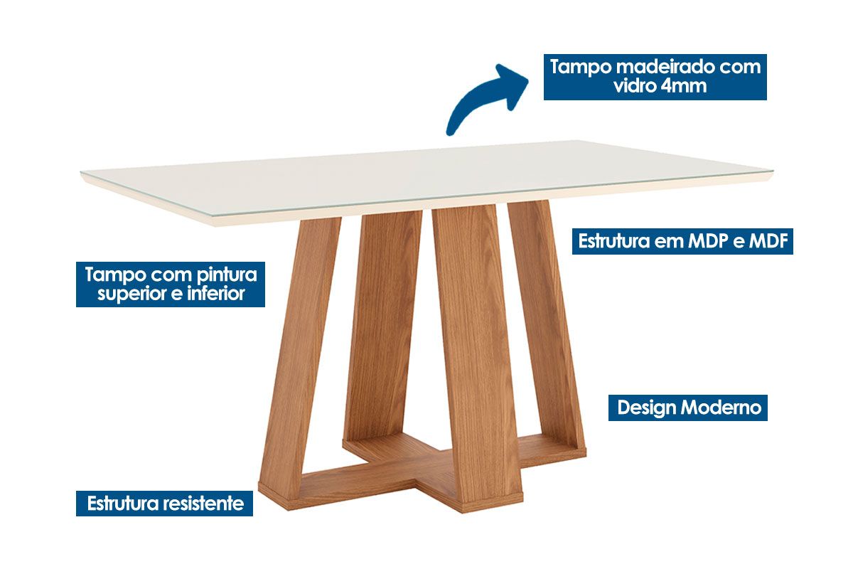 Sala de Jantar Completa Lins c/ Tampo Madeirado c/ Vidro 160x90cm e 6 Cadeiras Malu - Henn