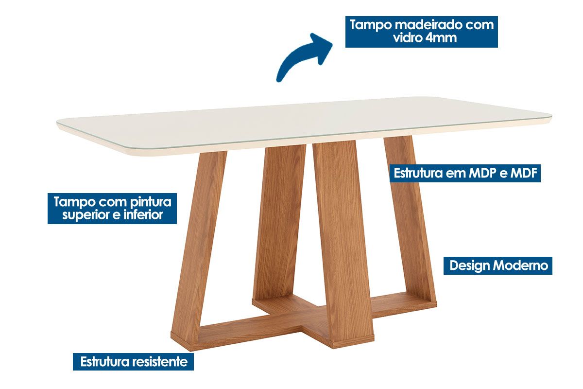 Sala de Jantar Completa Lins c/ Tampo Madeirado c/ Vidro Curvo 180x90cm e 6 Cadeiras Esther - Henn