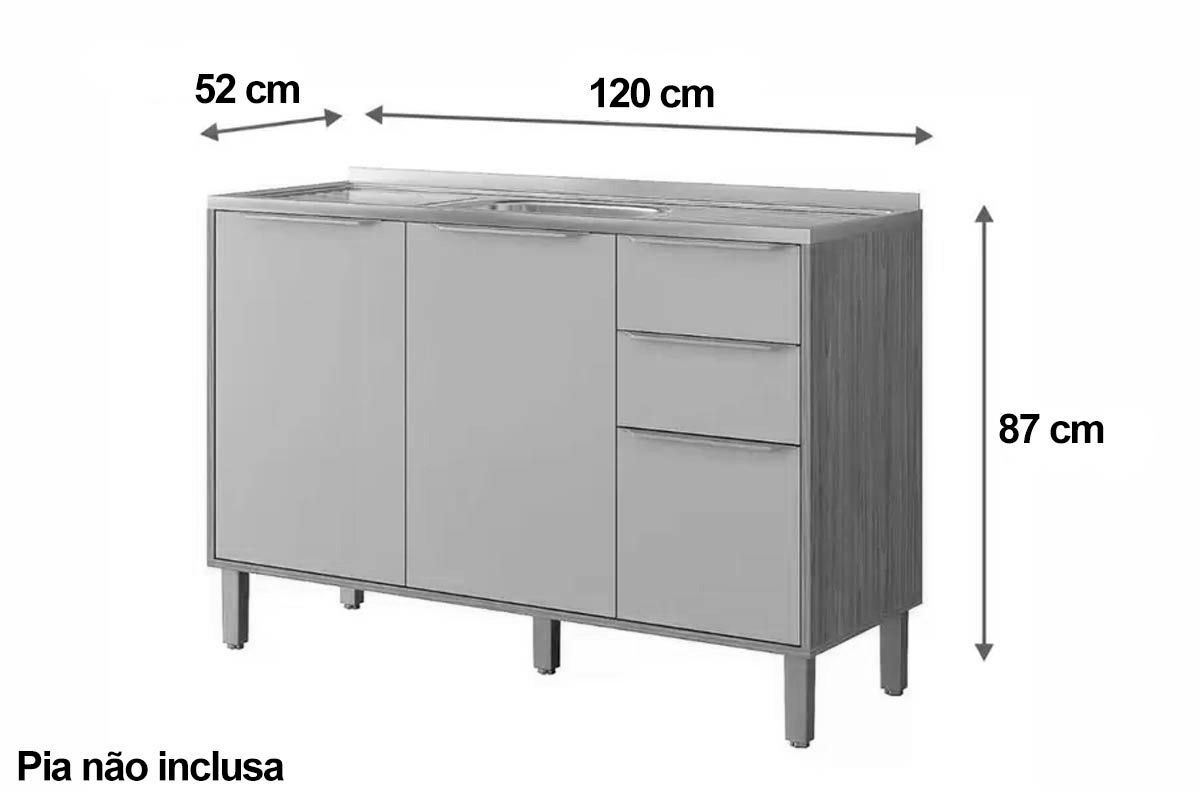 Balcão Cozinha MGM Divina c/3 Portas 2Gavs s/Tampo 120cm
