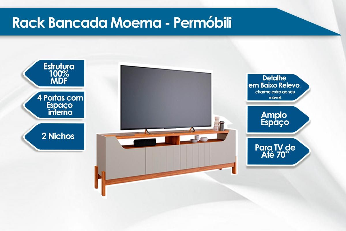 Home p/ TV até 70 Pol Moema/Maragogi Ripado c/ 4 Portas e Pés 180x197cm Permóbili