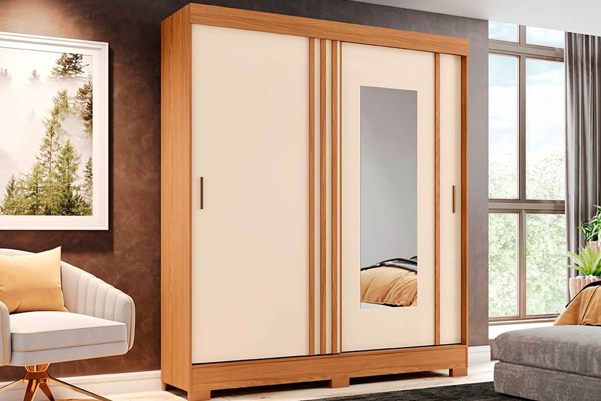 Guarda Roupa Solteiro 2 Portas de Correr (1 c/Espelho) e 2 Gavetas c/Pés Briz B353 Henn