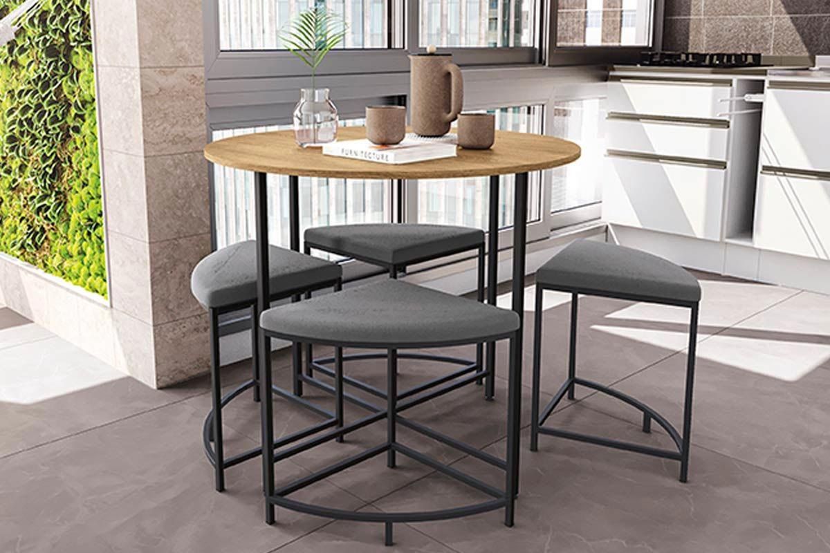 Mesa Jantar LI038 c/Tampo Madeirado 90cm + 4 Banquetas KappesbergCanela/Preto Mesa Jantar LI038 c/Tampo Madeirado 90cm + 4 Banquetas KappesbergCanela/Preto