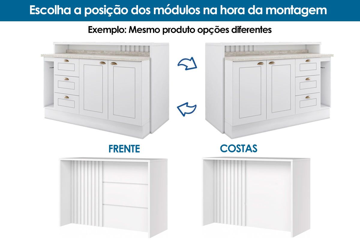 Bancada Ilha Cozinha Henn Gourmet Americana c/2 Portas 3Gavs 145cm