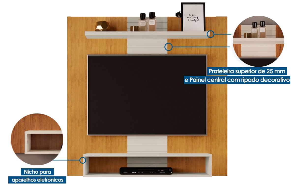 Painel Home p/ TV até 47 Pol Smart c/Prateleira e Nichos 120x120cm DJ Móveis Painel Home p/ TV até 47 Pol Smart c/Prateleira e Nichos 120x120cm DJ Móveis