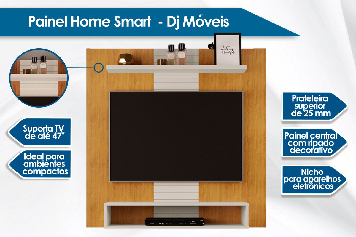 Painel Home p/ TV até 47 Pol Smart c/Prateleira e Nichos 120x120cm DJ Móveis Painel Home p/ TV até 47 Pol Smart c/Prateleira e Nichos 120x120cm DJ Móveis