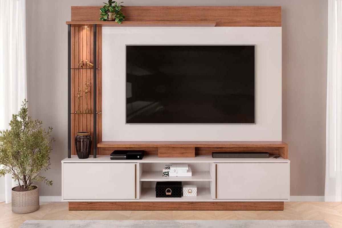 Home p/ TV até 70 Polegadas Martino c/Prateleira Nichos e Rodapé 200x185cm DJ MóveisFreijó/Off White