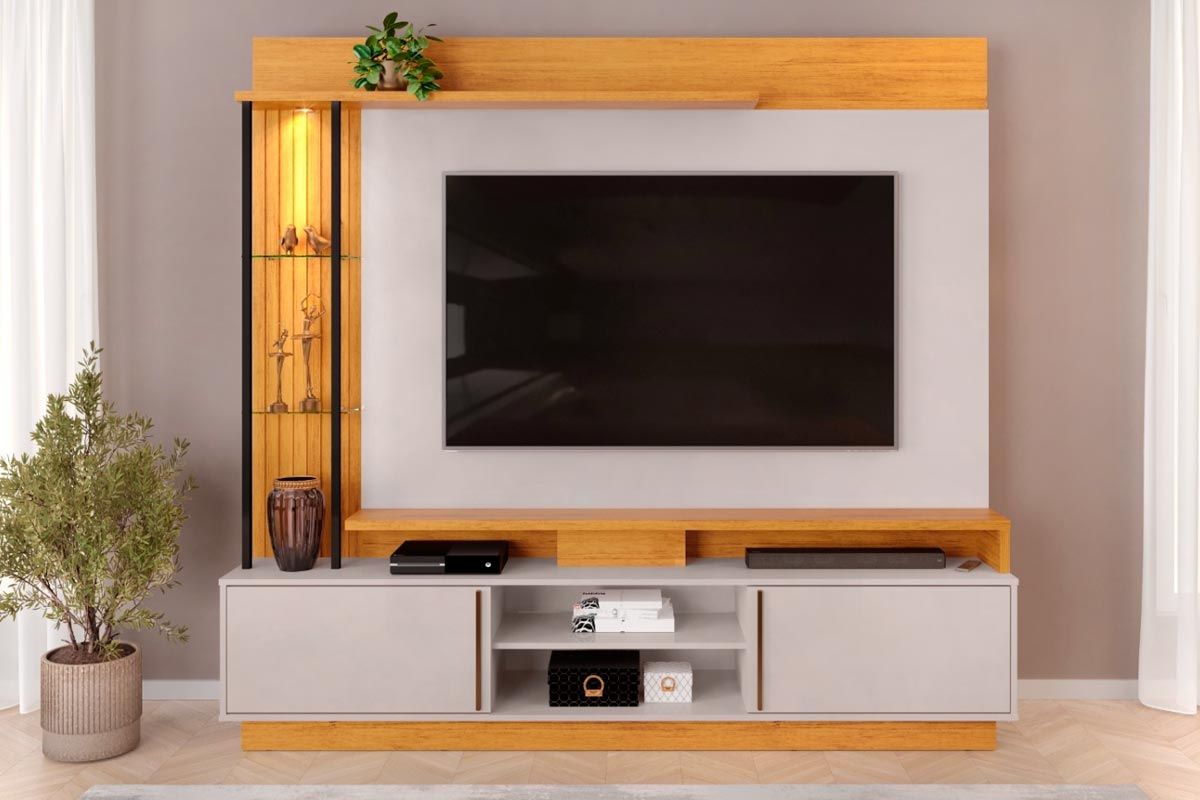 Home p/ TV até 70 Polegadas Martino c/Prateleira Nichos e Rodapé 200x185cm DJ Móveis