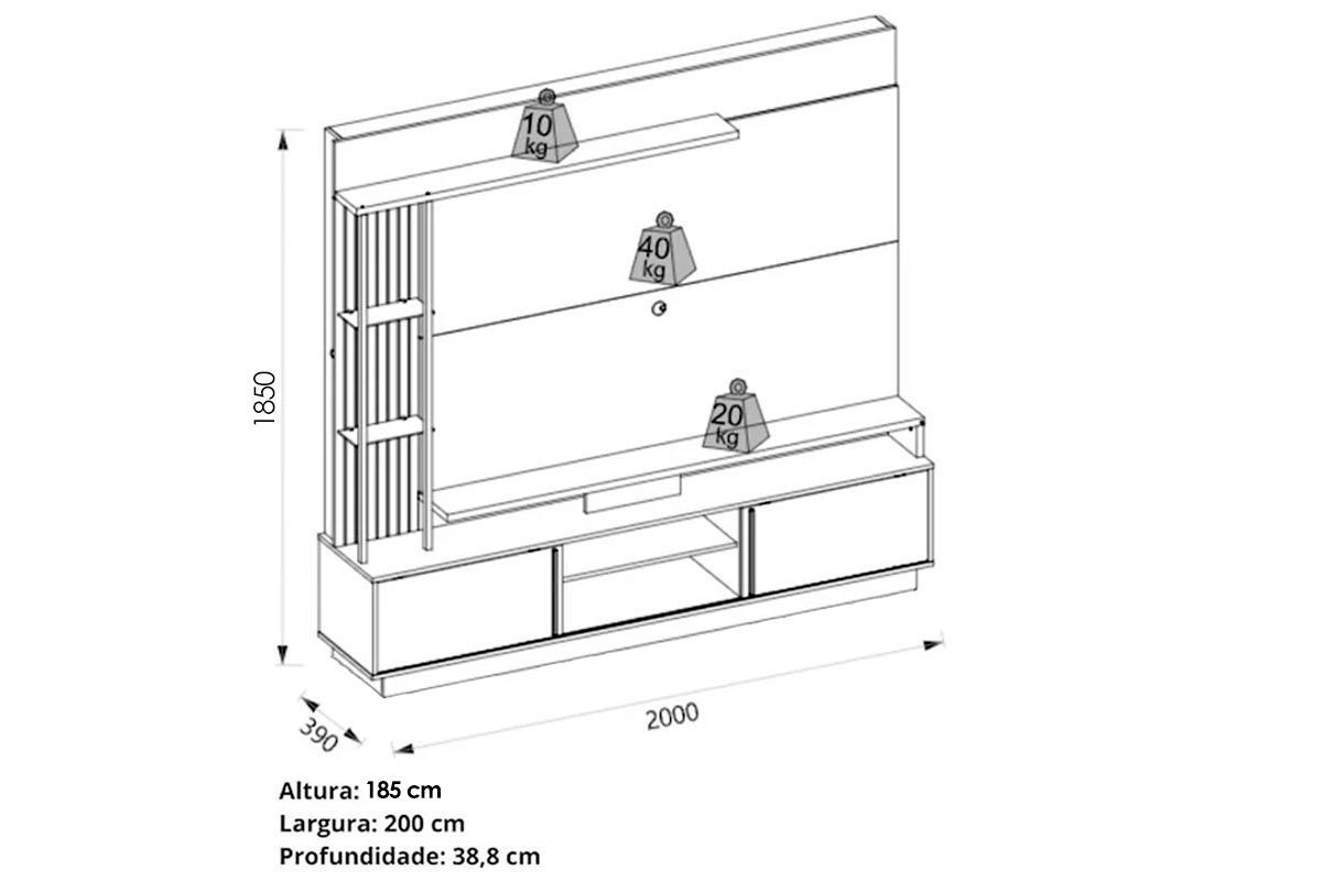 Home p/ TV até 70 Polegadas Martino c/Prateleira Nichos e Rodapé 200x185cm DJ Móveis Home p/ TV até 70 Polegadas Martino c/Prateleira Nichos e Rodapé 200x185cm DJ Móveis
