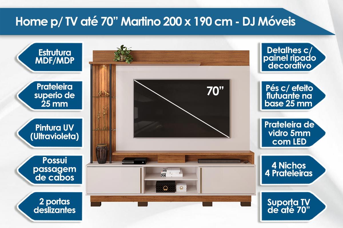 Home p/ TV até 70 Polegadas Martino c/Prateleira Nichos e Pés 200x190cm DJ Móveis Home p/ TV até 70 Polegadas Martino c/Prateleira Nichos e Pés 200x190cm DJ Móveis