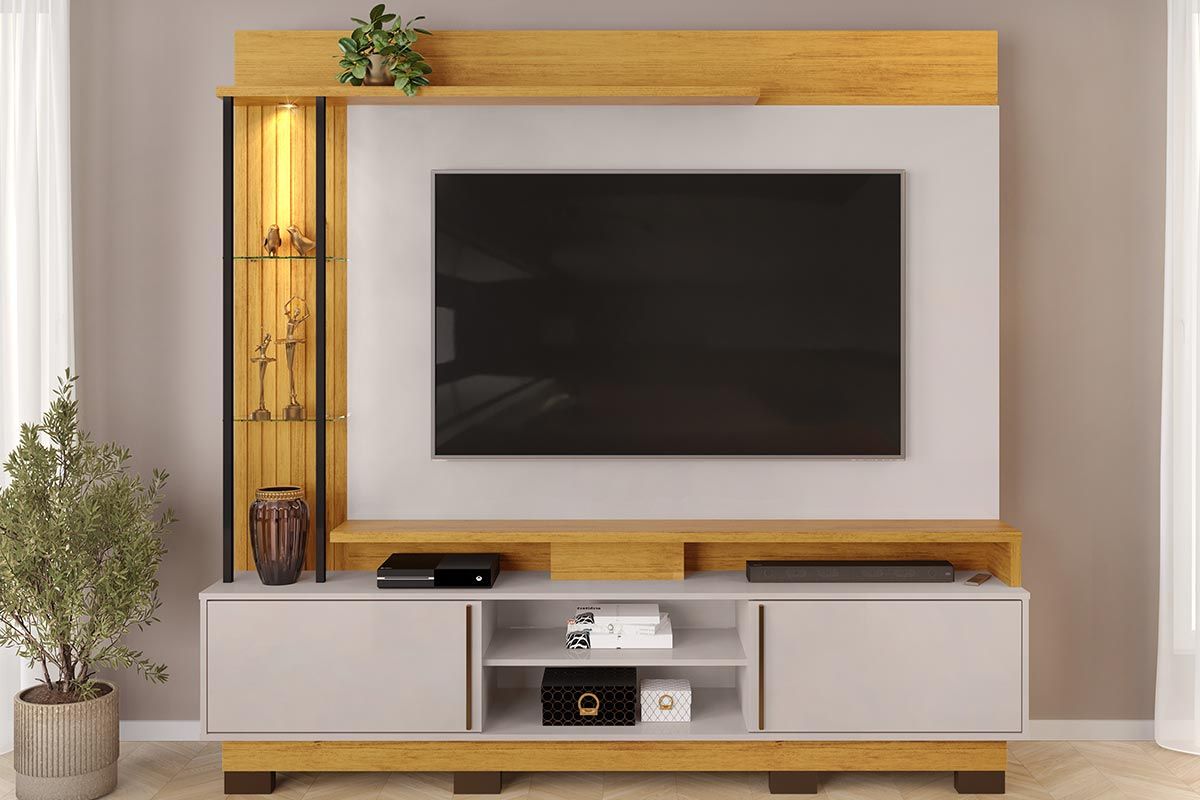 Home p/ TV até 70 Polegadas Martino c/Prateleira Nichos e Pés 200x190cm DJ Móveis