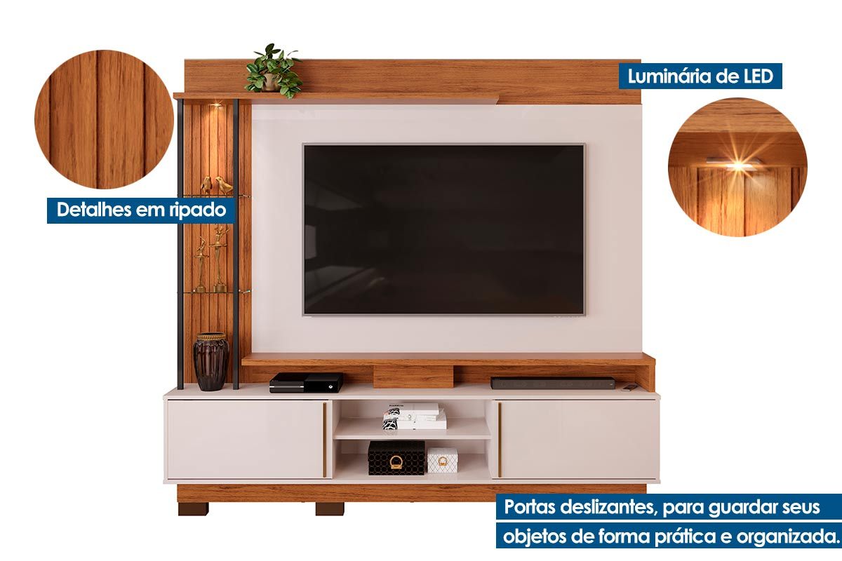 Home p/ TV até 70 Polegadas Martino c/Prateleira Nichos e Pés 200x190cm DJ Móveis Home p/ TV até 70 Polegadas Martino c/Prateleira Nichos e Pés 200x190cm DJ Móveis