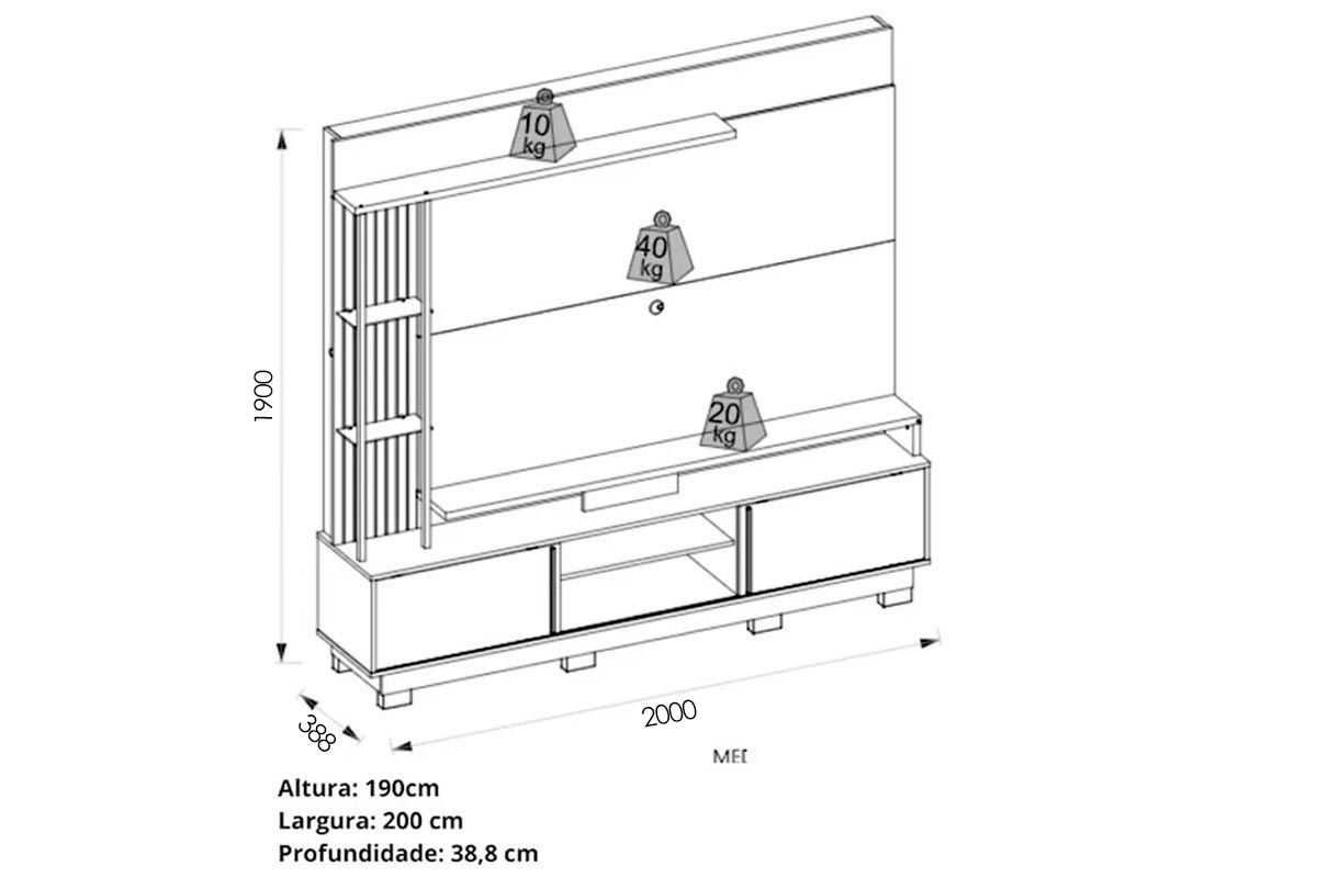 Home p/ TV até 70 Polegadas Martino c/Prateleira Nichos e Pés 200x190cm DJ Móveis Home p/ TV até 70 Polegadas Martino c/Prateleira Nichos e Pés 200x190cm DJ Móveis