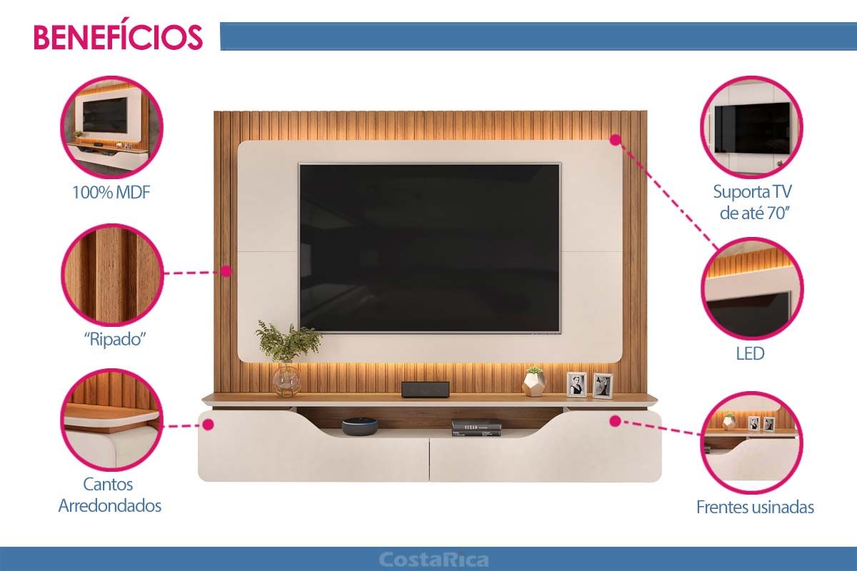 Painel Home p/ TV até 70 Pol Treviso c/Led 210cm DJ Móveis