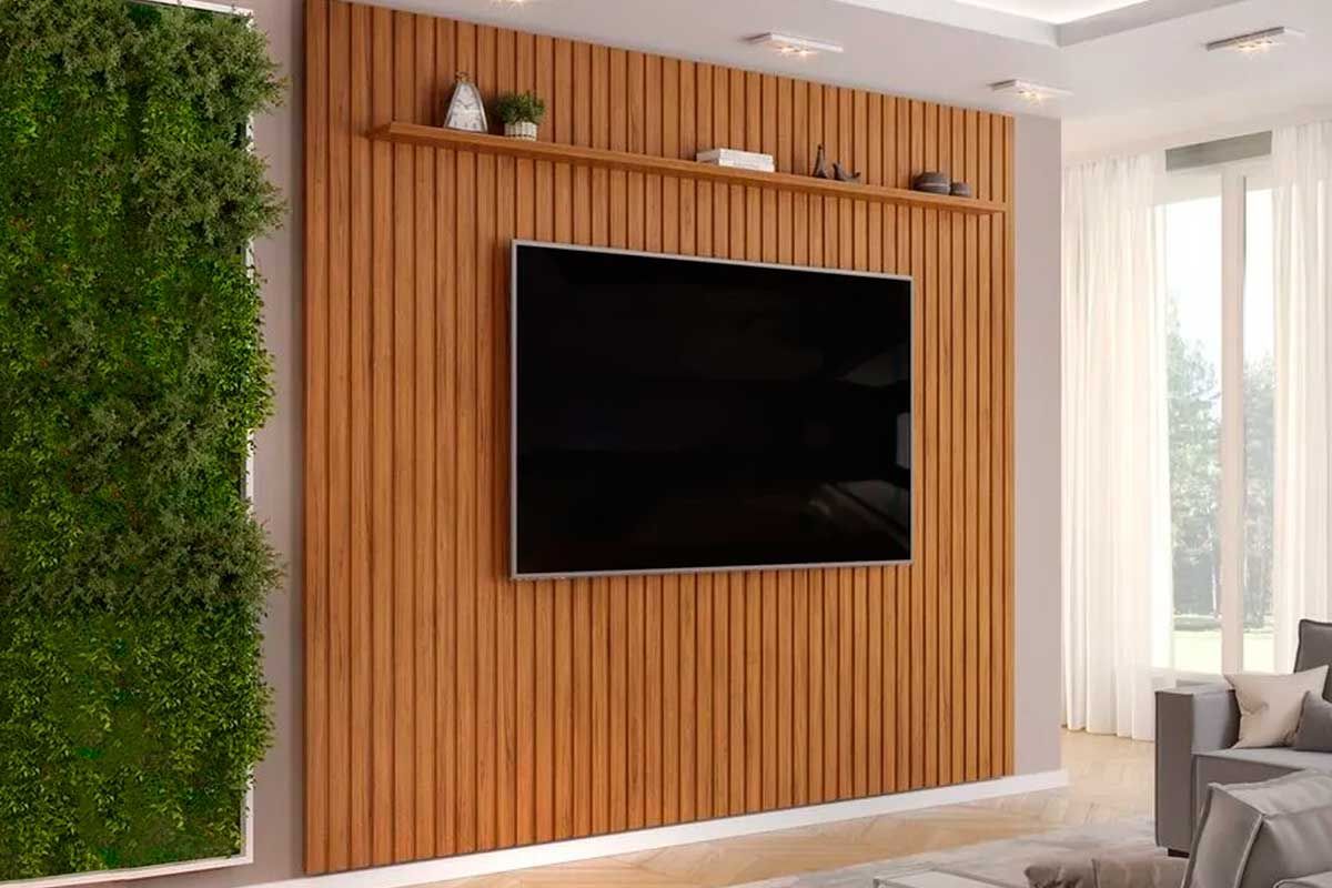 Painel Home p/ TV até 85 Pol Pratic Ripado c/1 Prateleira 275x240cm DJ Móveis
