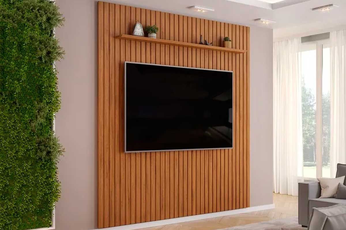 Painel Home p/ TV até 85 Pol Pratic Ripado c/1 Prateleira 250x240cm DJ MóveisFreijo Painel Home p/ TV até 85 Pol Pratic Ripado c/1 Prateleira 250x240cm DJ MóveisFreijo