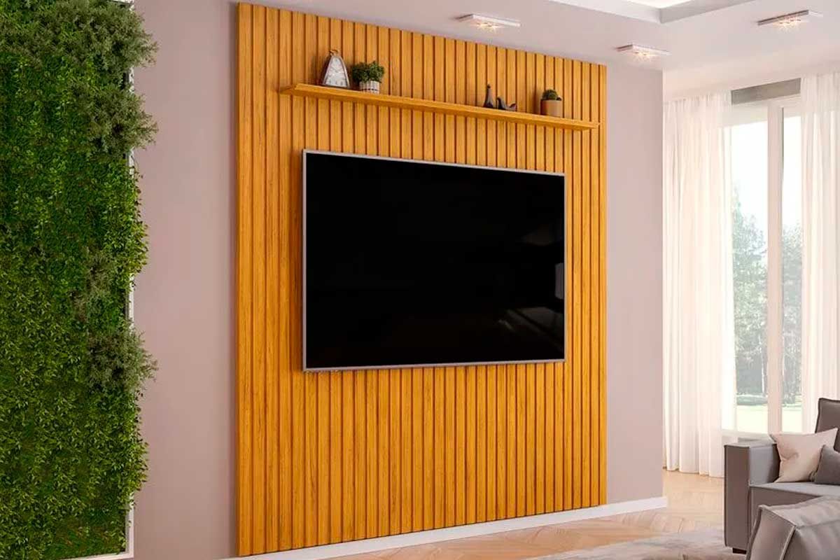 Painel Home p/ TV até 85 Pol Pratic Ripado c/1 Prateleira 250x240cm DJ MóveisCedro Painel Home p/ TV até 85 Pol Pratic Ripado c/1 Prateleira 250x240cm DJ MóveisCedro