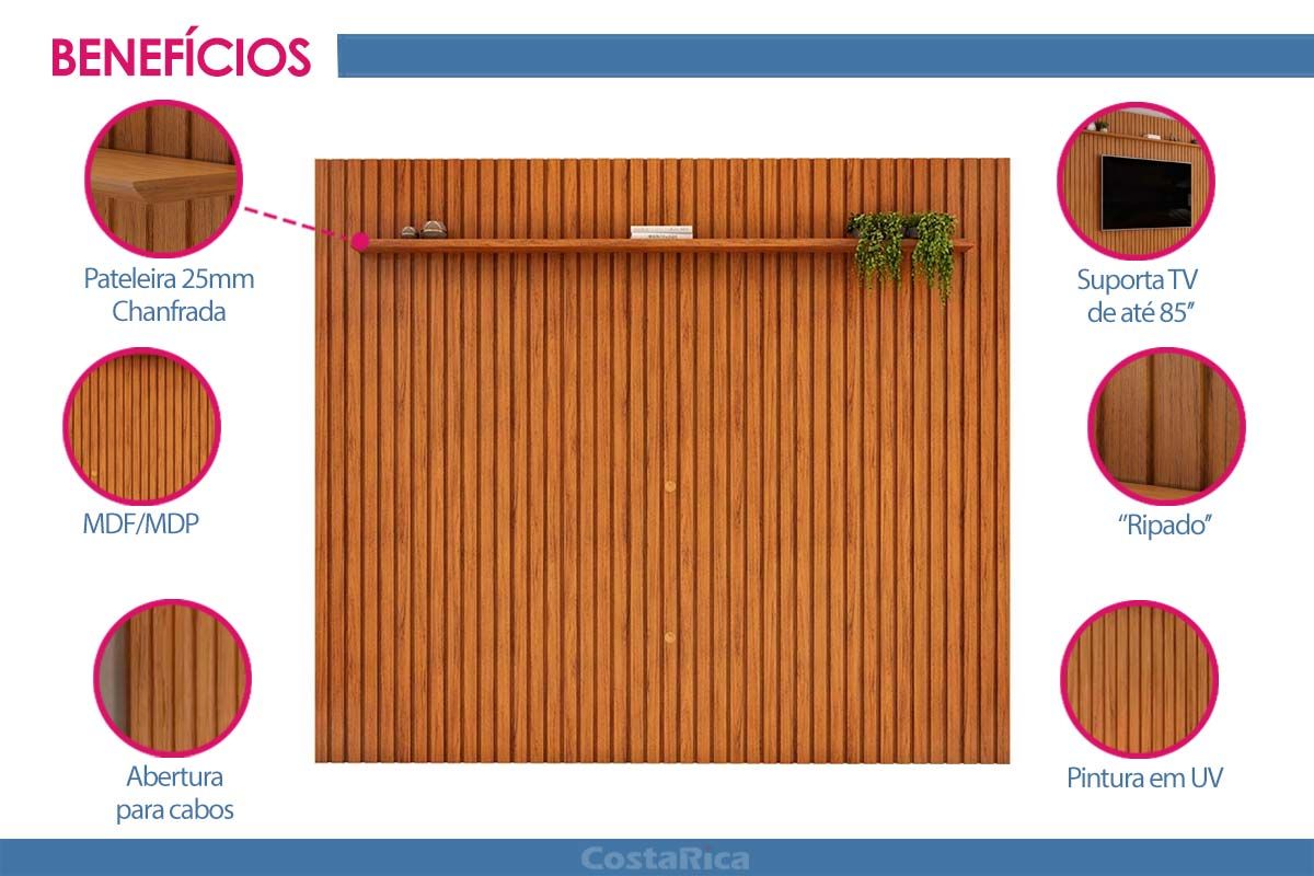 Painel Home p/ TV até 85 Pol Pratic Ripado c/1 Prateleira 250x240cm DJ Móveis Painel Home p/ TV até 85 Pol Pratic Ripado c/1 Prateleira 250x240cm DJ Móveis