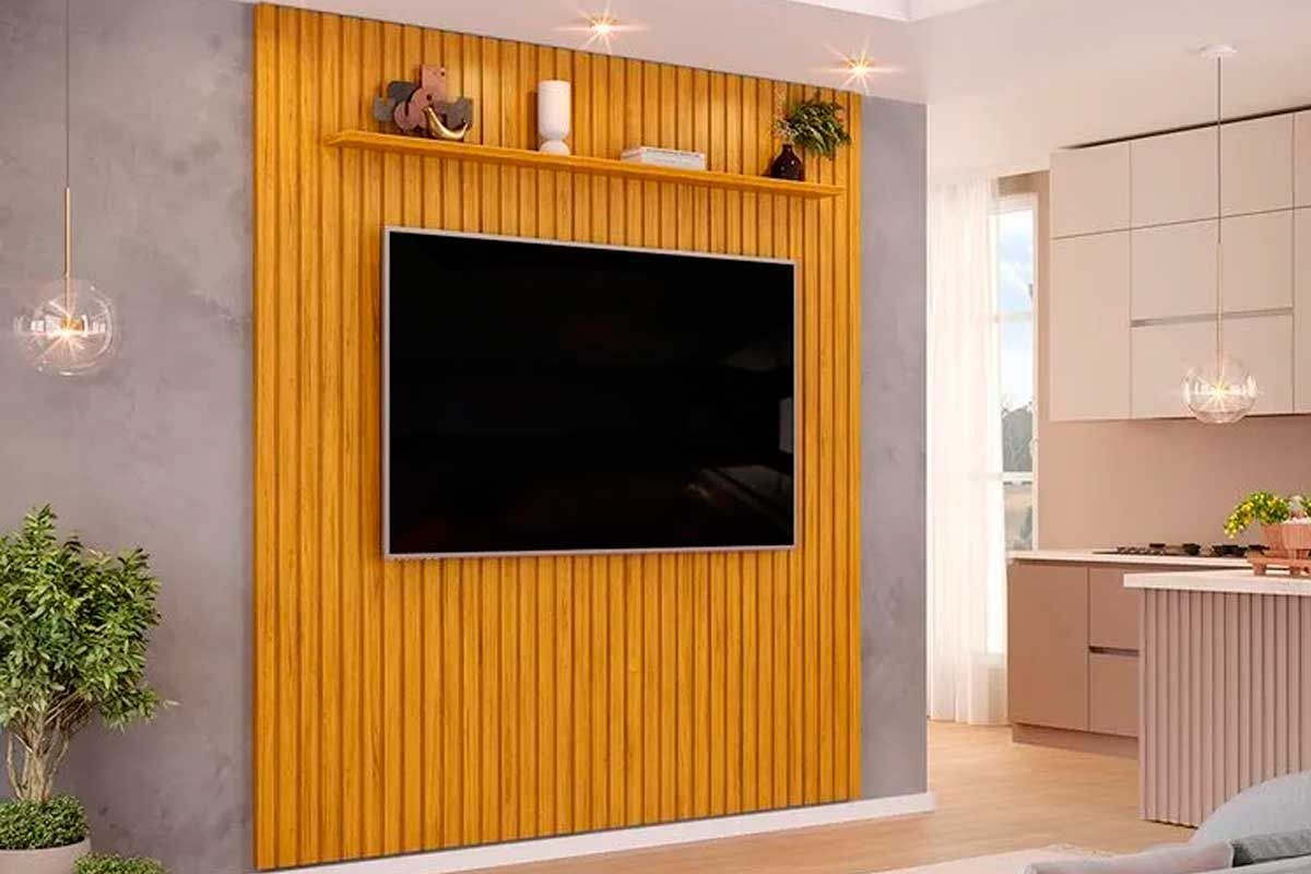 Painel Home p/ TV até 65 Pol Pratic Ripado c/1 Prateleira 223x240cm DJ Móveis