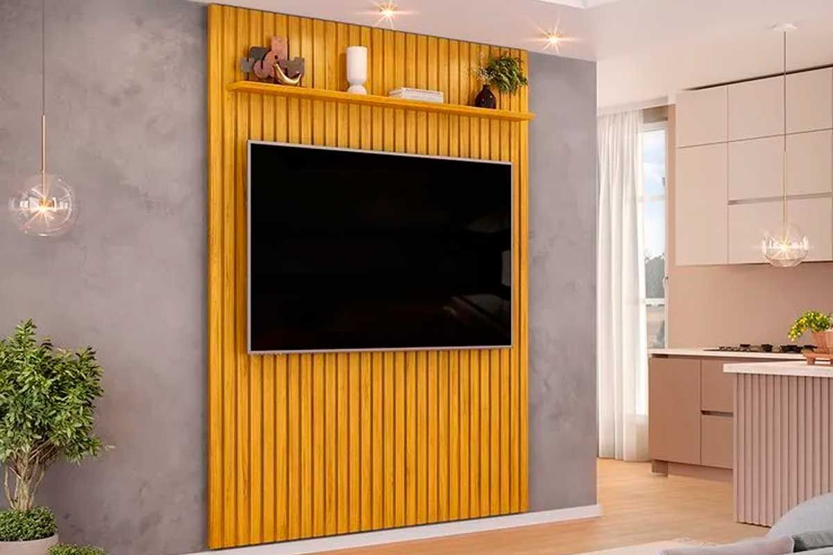 Painel Home p/ TV até 65 Pol Pratic Ripado c/1 Prateleira 183x240cm DJ Móveis