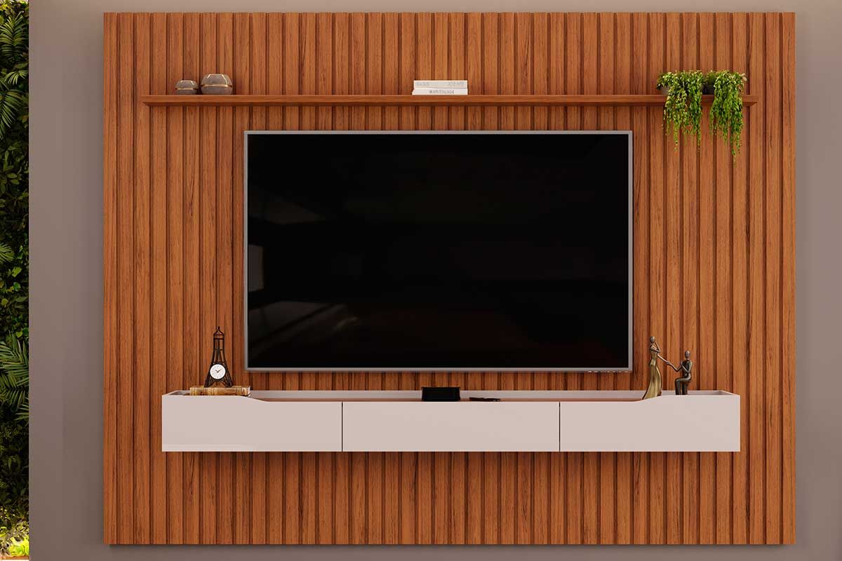 Rack Bancada c/Painel p/ TV até 85 Pol Pratic Ripado 3 Gavetas 275x240cm - DJ MóveisFreijó/Off White