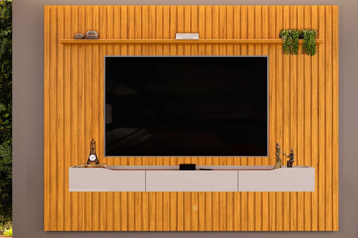 Rack Bancada c/Painel p/ TV até 85 Pol Pratic Ripado 3 Gavetas 275x240cm - DJ MóveisCedro/Bali