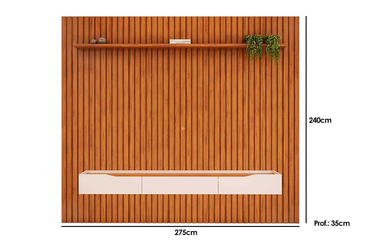 Rack Bancada c/Painel p/ TV até 85 Pol Pratic Ripado 3 Gavetas 275x240cm - DJ Móveis Rack Bancada c/Painel p/ TV até 85 Pol Pratic Ripado 3 Gavetas 275x240cm - DJ Móveis