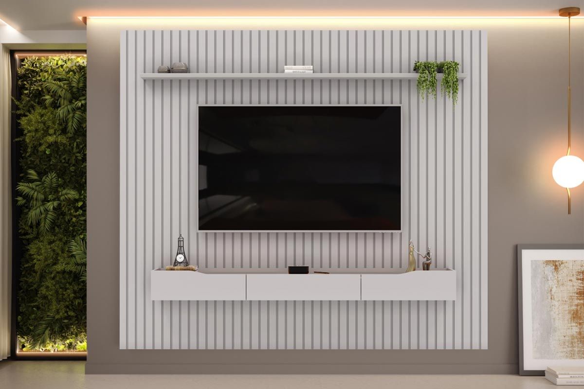 Rack Bancada c/Painel p/ TV até 85 Pol Pratic Ripado 3 Gavetas 275x240cm - DJ Móveis