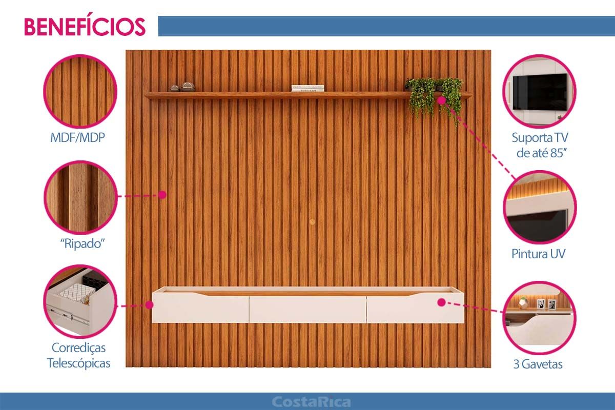 Rack Bancada c/Painel p/ TV até 85 Pol Pratic Ripado 3 Gavetas 275x240cm - DJ Móveis Rack Bancada c/Painel p/ TV até 85 Pol Pratic Ripado 3 Gavetas 275x240cm - DJ Móveis