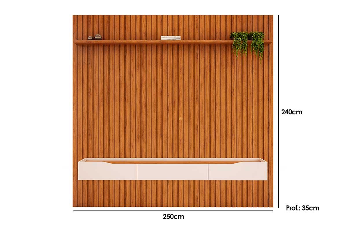 Rack Bancada c/Painel p/ TV até 85 Pol Pratic Ripado 3 Gavetas 250x240cm - DJ Móveis Rack Bancada c/Painel p/ TV até 85 Pol Pratic Ripado 3 Gavetas 250x240cm - DJ Móveis