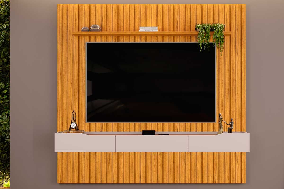 Rack Bancada c/Painel p/ TV até 65 Pol Pratic Ripado 3 Gavetas 223x240cm - DJ MóveisCedro/Bali