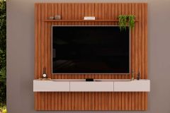 Rack Bancada c/Painel p/ TV até 65 Pol Pratic Ripado 3 Gavetas 223x240cm - DJ Móveis