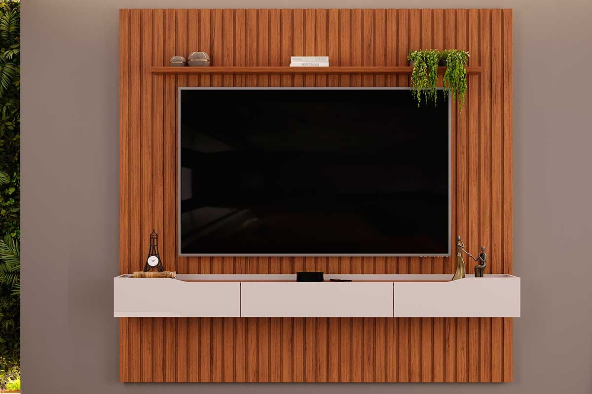Rack Bancada c/Painel p/ TV até 65 Pol Pratic Ripado 3 Gavetas 223x240cm - DJ MóveisFreijó/Off White