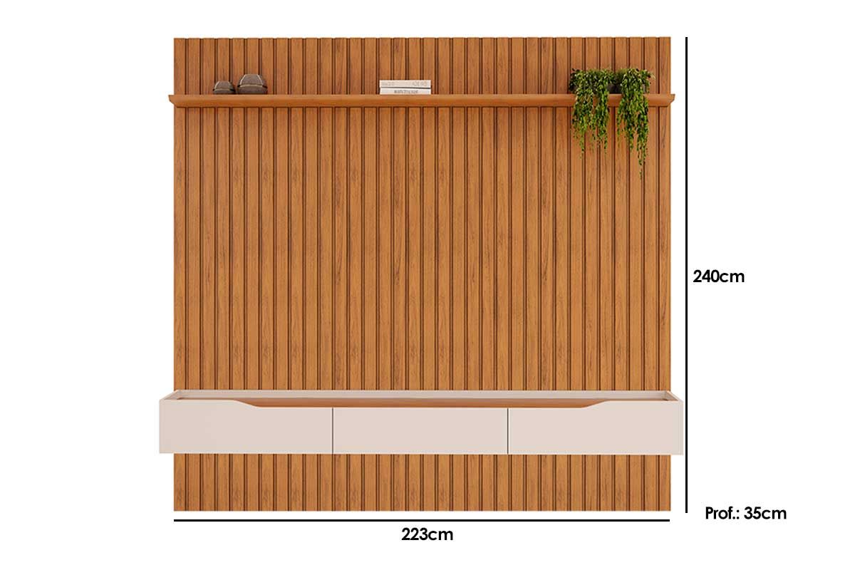 Rack Bancada c/Painel p/ TV até 65 Pol Pratic Ripado 3 Gavetas 223x240cm - DJ Móveis