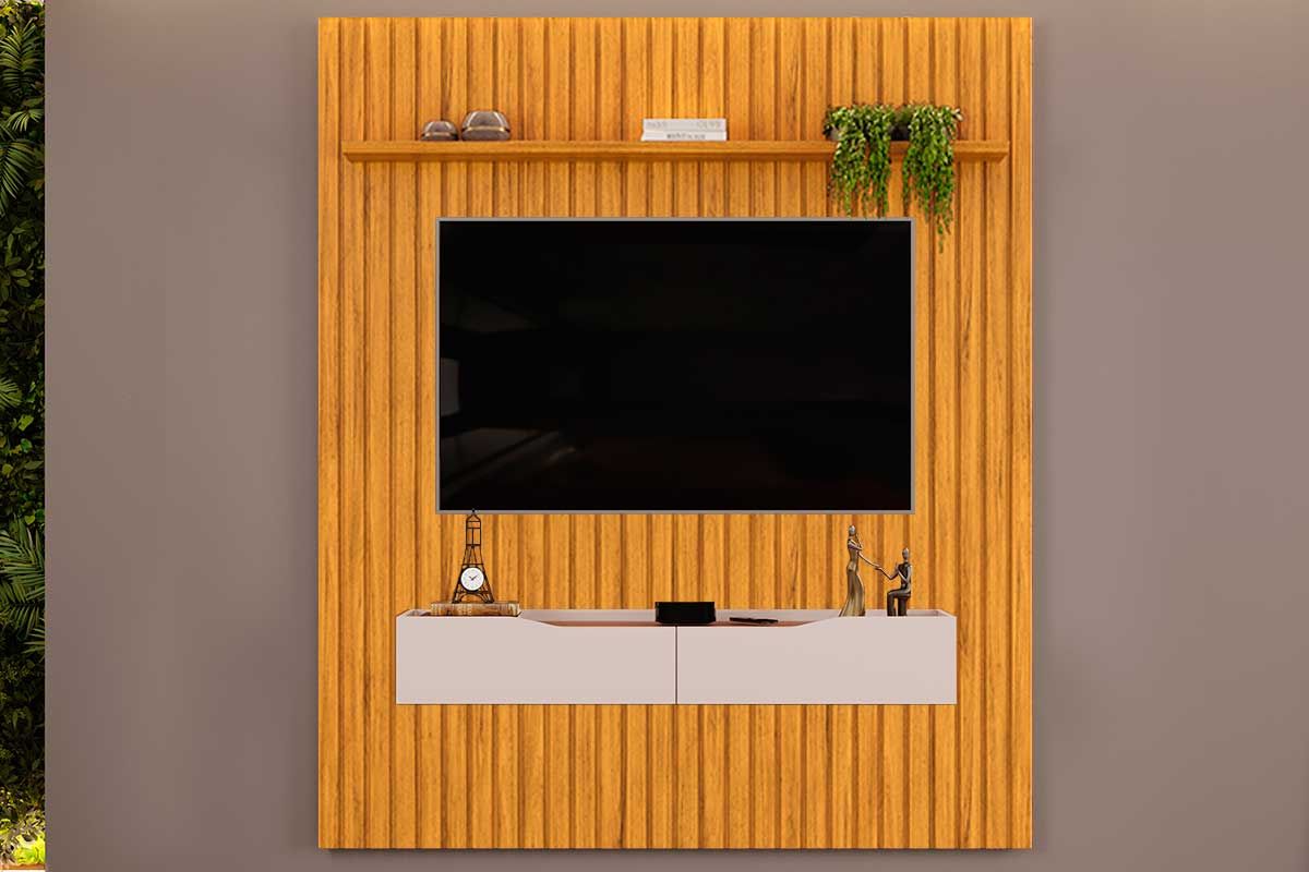 Rack Bancada c/Painel p/ TV até 65 Pol Pratic Ripado 2 Gavetas 183x240cm - DJ MóveisCedro/Bali