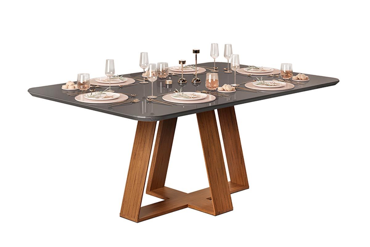 Mesa Jantar Celeste Tampo MDF/Vidro Canto Curvo 160cm DJ Móveis