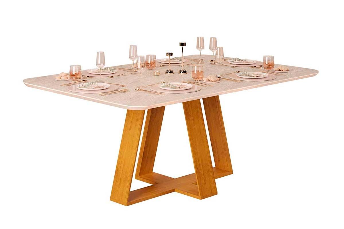 Mesa Jantar Celeste Tampo MDF/Vidro Canto Curvo 160cm DJ Móveis