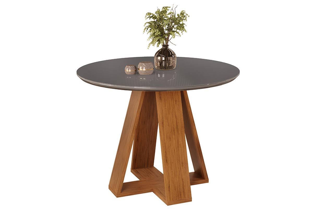 Mesa Jantar Celeste c/Tampo Madeirado Vidro Redondo 103x103cm DJ Móveis Mesa Jantar Celeste c/Tampo Madeirado Vidro Redondo 103x103cm DJ Móveis