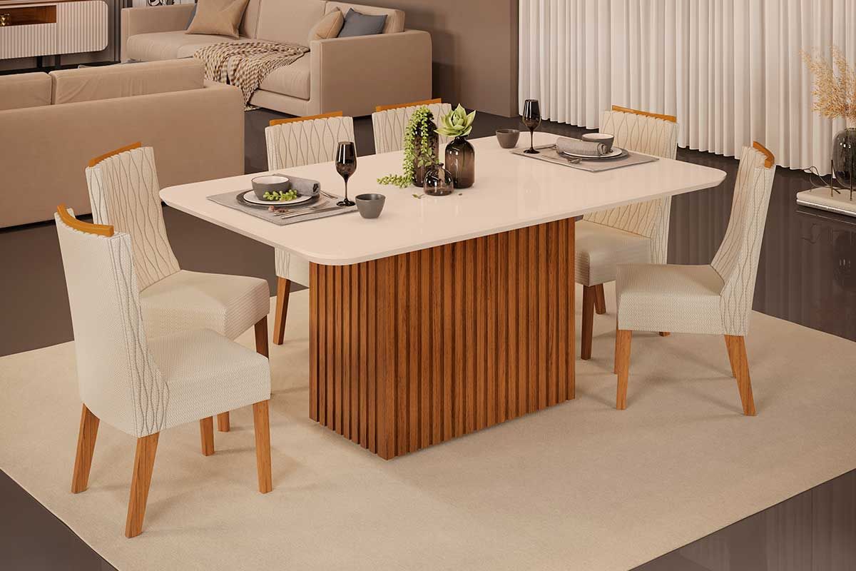 Mesa Jantar Canes c/Tampo Madeirado c/Vidro Curvo 170x90cm DJ Móveis