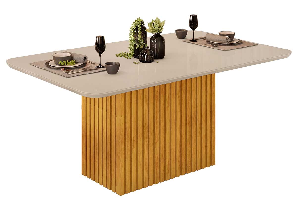 Mesa Jantar Canes c/Tampo Madeirado c/Vidro Curvo 170x90cm DJ Móveis