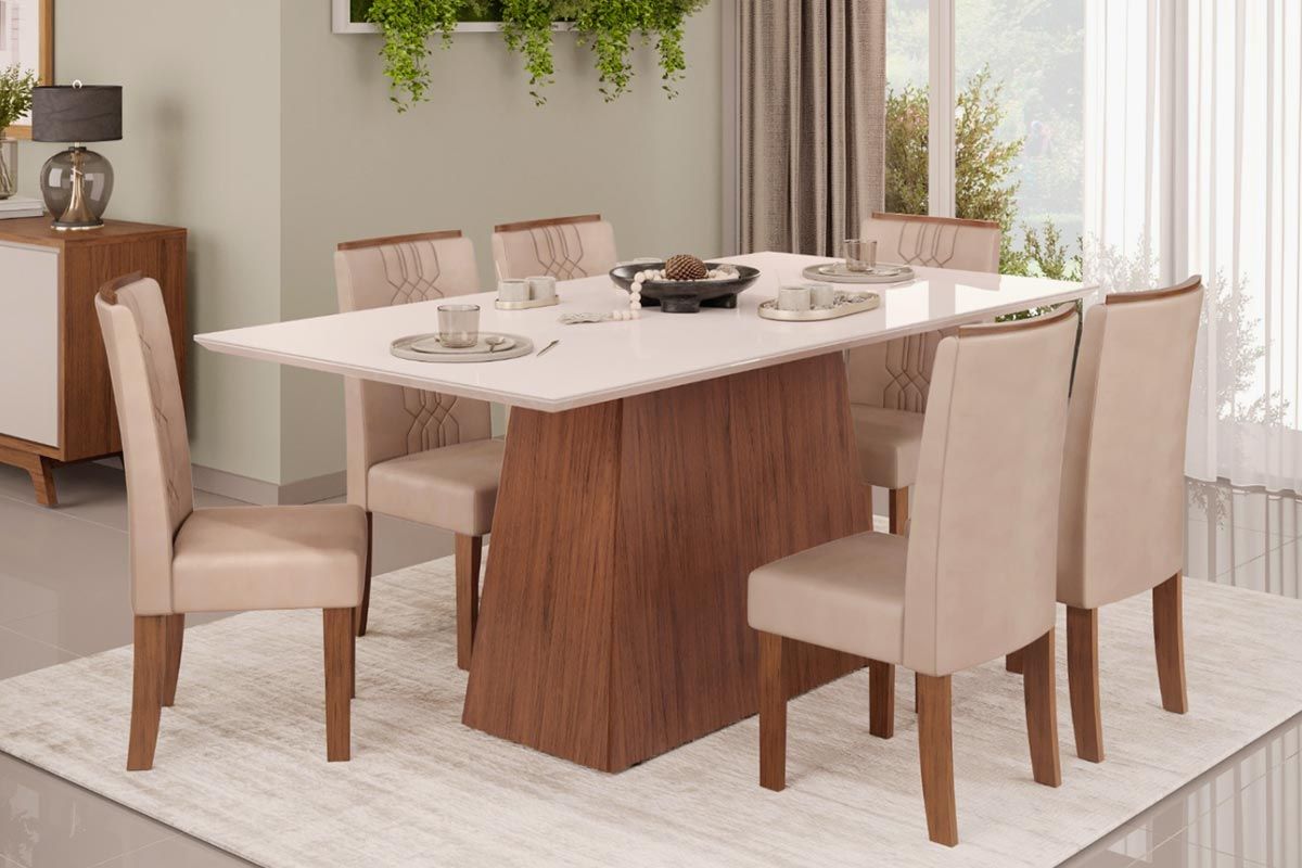 Mesa Jantar Dulce c/Tampo Madeirado Vidro Reto 180x90cm DJ Móveis Mesa Jantar Dulce c/Tampo Madeirado Vidro Reto 180x90cm DJ Móveis