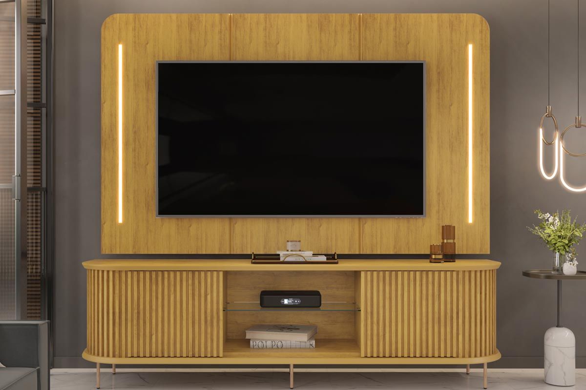 Painel Home p/ TV até 75 Pol Atlas 100% MDF c/Led 218x135cm DJ Móveis