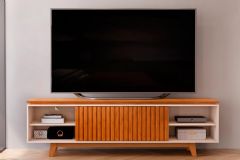 Rack Bancada p/ TV até 75 Polegadas Loren Ripada c/ Nichos 200x58cm - DJ Móveis - Freijó/Off White