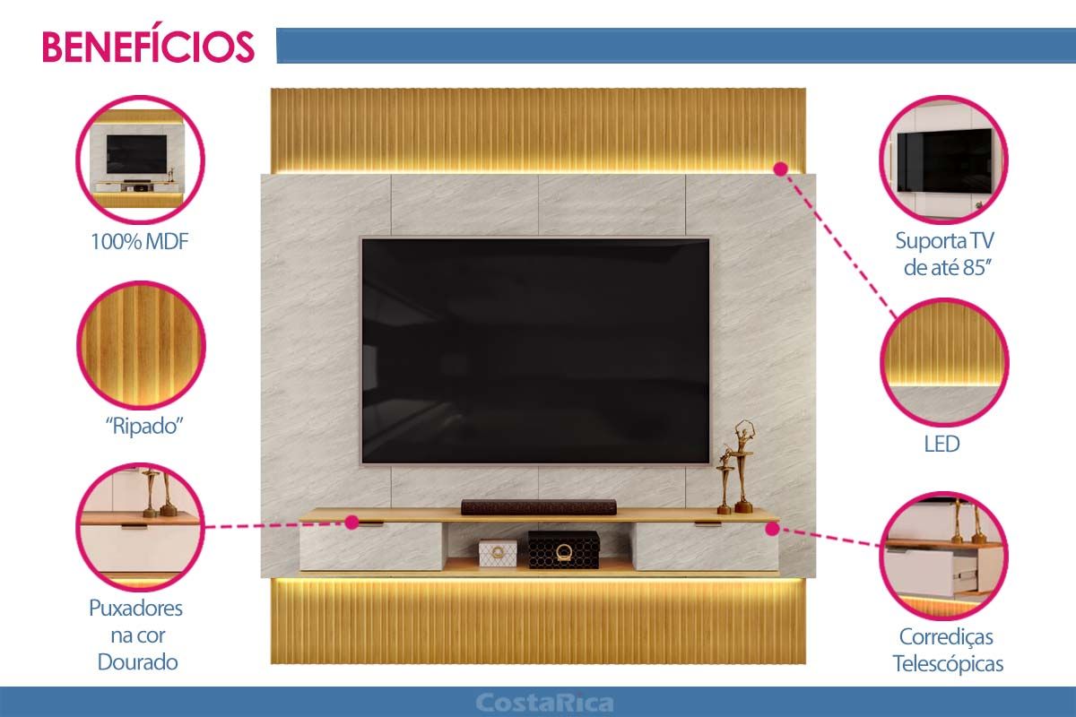 Painel Home p/ TV até 85 Polegadas Hit 2290 100% MDF Extensível c/Led de 240 a 290cm DJ Móveis Painel Home p/ TV até 85 Polegadas Hit 2290 100% MDF Extensível c/Led de 240 a 290cm DJ Móveis